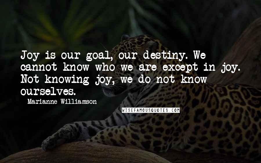 Marianne Williamson Quotes: Joy is our goal, our destiny. We cannot know who we are except in joy. Not knowing joy, we do not know ourselves.