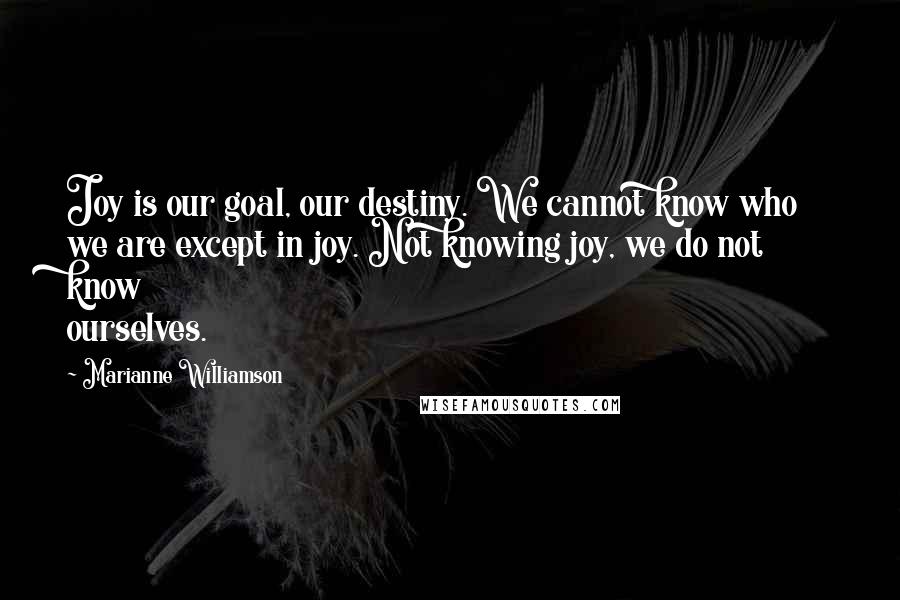 Marianne Williamson Quotes: Joy is our goal, our destiny. We cannot know who we are except in joy. Not knowing joy, we do not know ourselves.