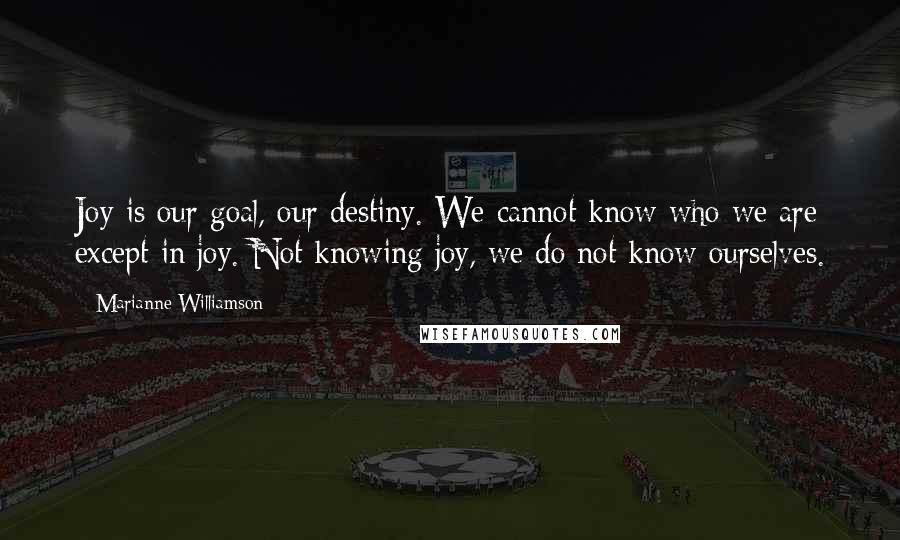 Marianne Williamson Quotes: Joy is our goal, our destiny. We cannot know who we are except in joy. Not knowing joy, we do not know ourselves.