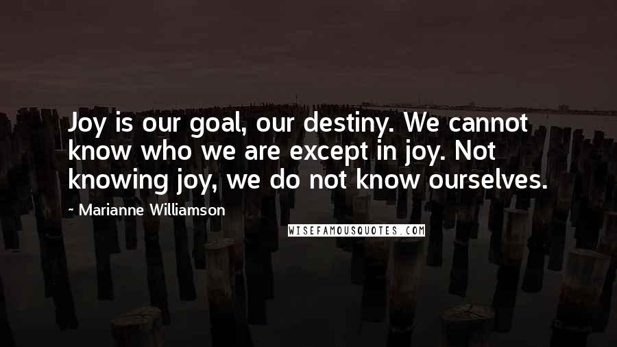 Marianne Williamson Quotes: Joy is our goal, our destiny. We cannot know who we are except in joy. Not knowing joy, we do not know ourselves.