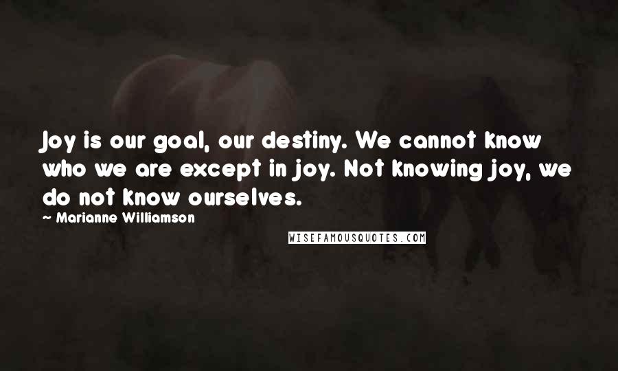 Marianne Williamson Quotes: Joy is our goal, our destiny. We cannot know who we are except in joy. Not knowing joy, we do not know ourselves.