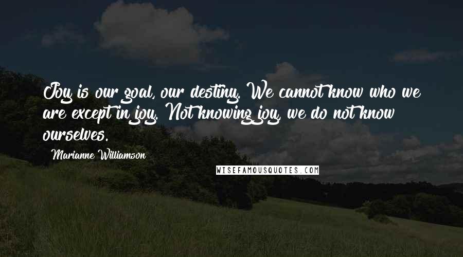 Marianne Williamson Quotes: Joy is our goal, our destiny. We cannot know who we are except in joy. Not knowing joy, we do not know ourselves.