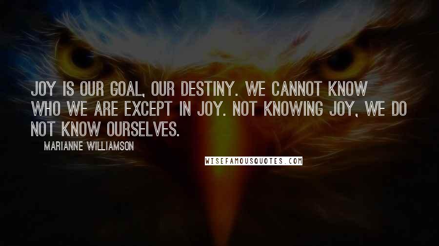 Marianne Williamson Quotes: Joy is our goal, our destiny. We cannot know who we are except in joy. Not knowing joy, we do not know ourselves.