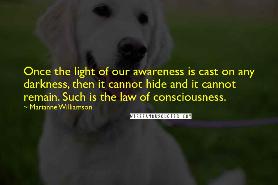 Marianne Williamson Quotes: Once the light of our awareness is cast on any darkness, then it cannot hide and it cannot remain. Such is the law of consciousness.