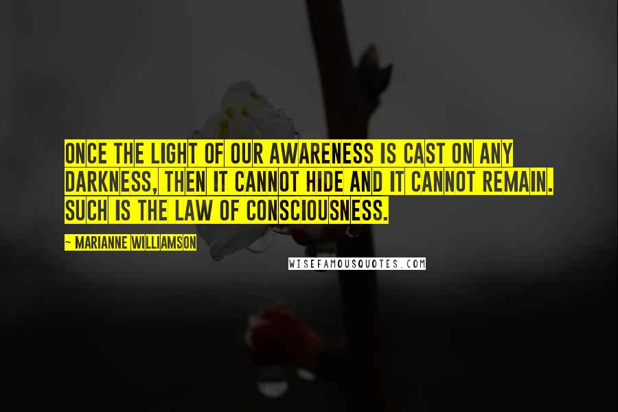 Marianne Williamson Quotes: Once the light of our awareness is cast on any darkness, then it cannot hide and it cannot remain. Such is the law of consciousness.