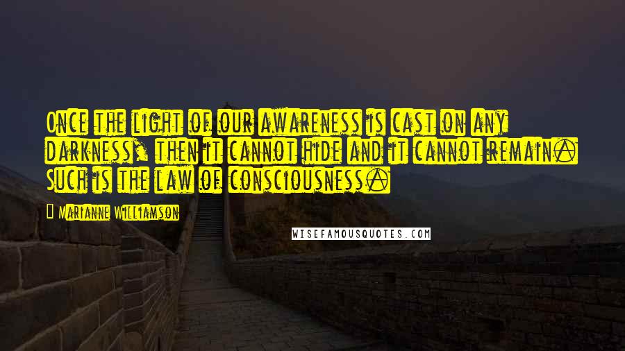 Marianne Williamson Quotes: Once the light of our awareness is cast on any darkness, then it cannot hide and it cannot remain. Such is the law of consciousness.