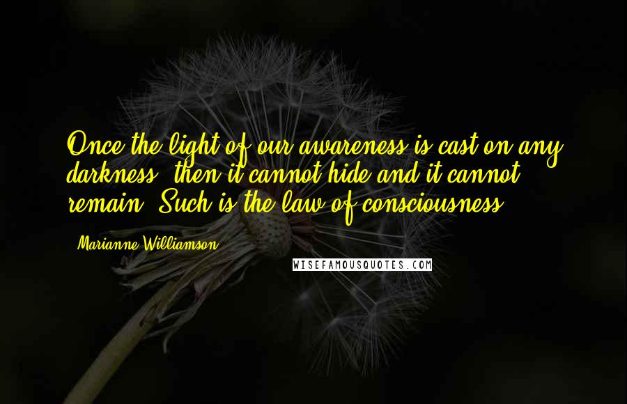 Marianne Williamson Quotes: Once the light of our awareness is cast on any darkness, then it cannot hide and it cannot remain. Such is the law of consciousness.
