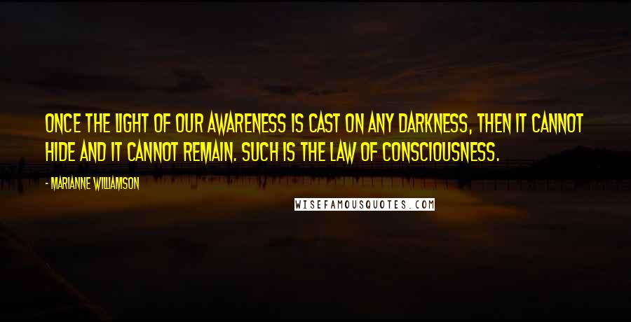 Marianne Williamson Quotes: Once the light of our awareness is cast on any darkness, then it cannot hide and it cannot remain. Such is the law of consciousness.