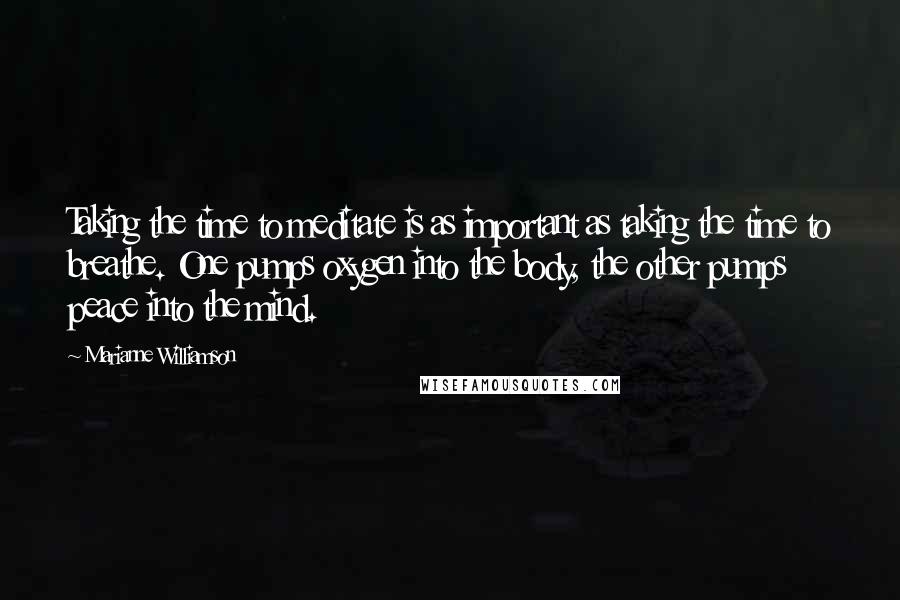 Marianne Williamson Quotes: Taking the time to meditate is as important as taking the time to breathe. One pumps oxygen into the body, the other pumps peace into the mind.