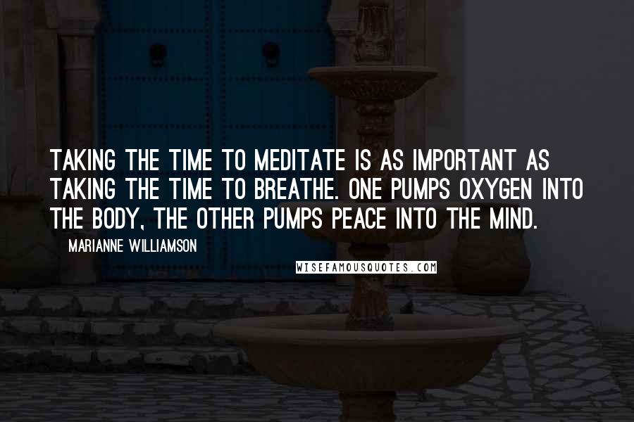 Marianne Williamson Quotes: Taking the time to meditate is as important as taking the time to breathe. One pumps oxygen into the body, the other pumps peace into the mind.