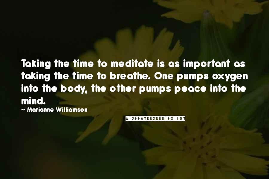 Marianne Williamson Quotes: Taking the time to meditate is as important as taking the time to breathe. One pumps oxygen into the body, the other pumps peace into the mind.