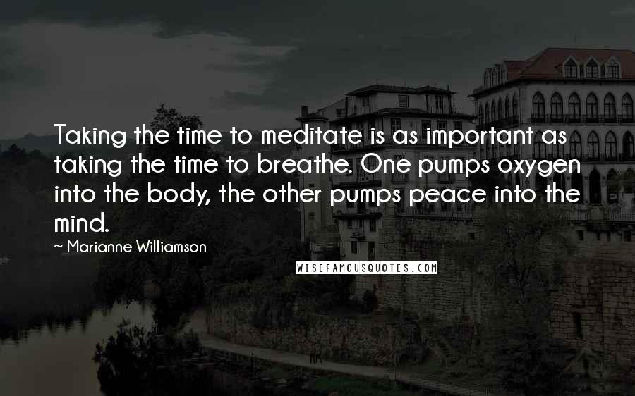 Marianne Williamson Quotes: Taking the time to meditate is as important as taking the time to breathe. One pumps oxygen into the body, the other pumps peace into the mind.