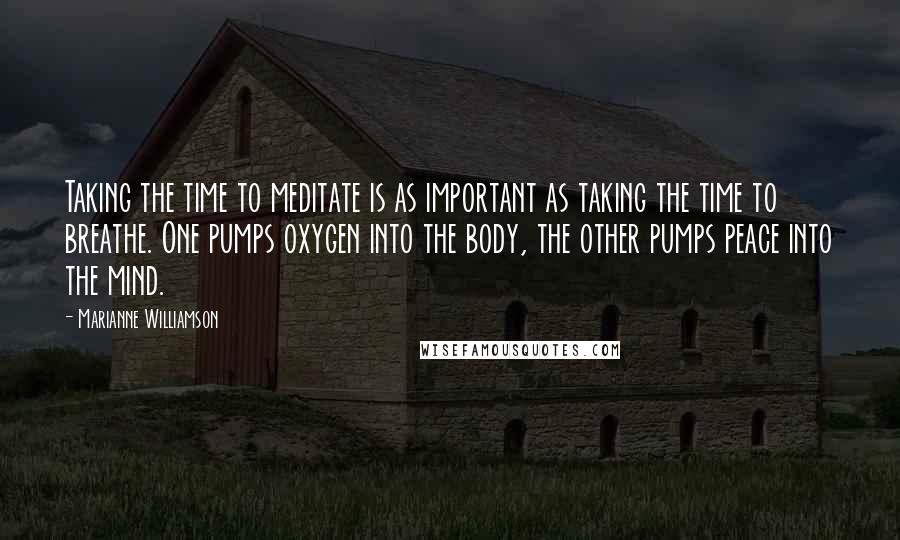 Marianne Williamson Quotes: Taking the time to meditate is as important as taking the time to breathe. One pumps oxygen into the body, the other pumps peace into the mind.