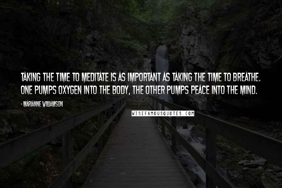 Marianne Williamson Quotes: Taking the time to meditate is as important as taking the time to breathe. One pumps oxygen into the body, the other pumps peace into the mind.