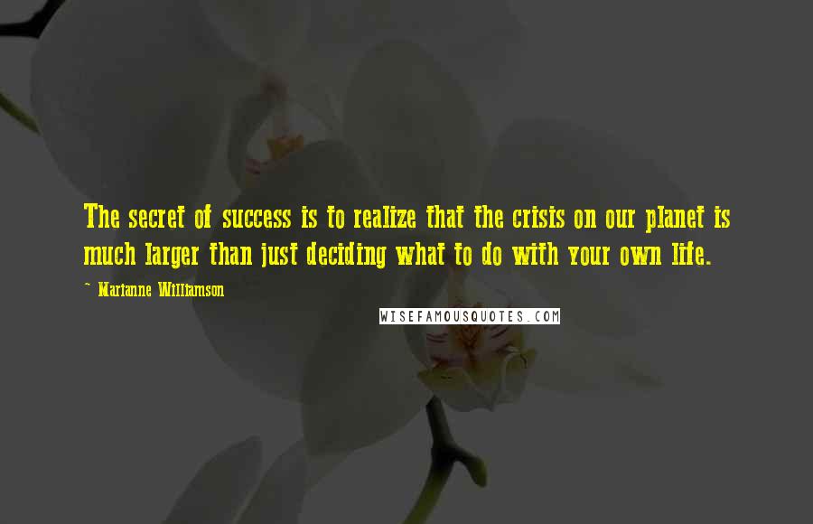 Marianne Williamson Quotes: The secret of success is to realize that the crisis on our planet is much larger than just deciding what to do with your own life.