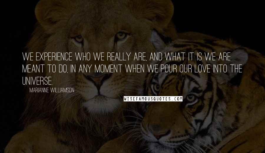 Marianne Williamson Quotes: We experience who we really are, and what it is we are meant to do, in any moment when we pour our love into the universe.