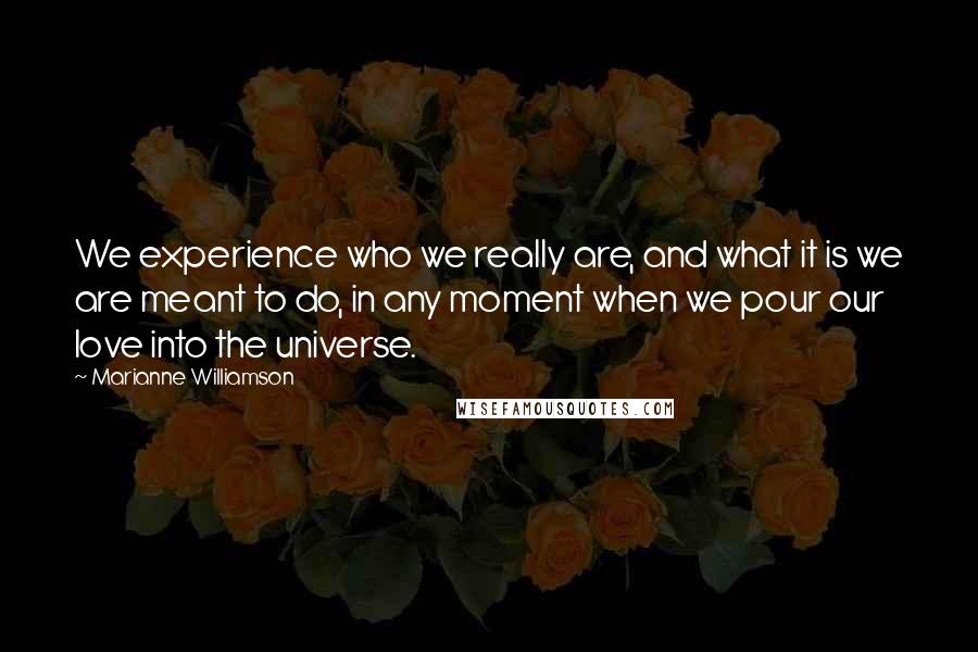 Marianne Williamson Quotes: We experience who we really are, and what it is we are meant to do, in any moment when we pour our love into the universe.