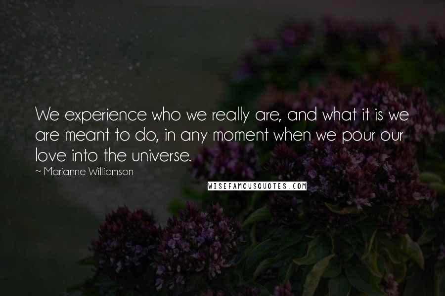 Marianne Williamson Quotes: We experience who we really are, and what it is we are meant to do, in any moment when we pour our love into the universe.