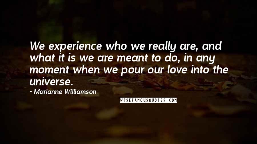 Marianne Williamson Quotes: We experience who we really are, and what it is we are meant to do, in any moment when we pour our love into the universe.