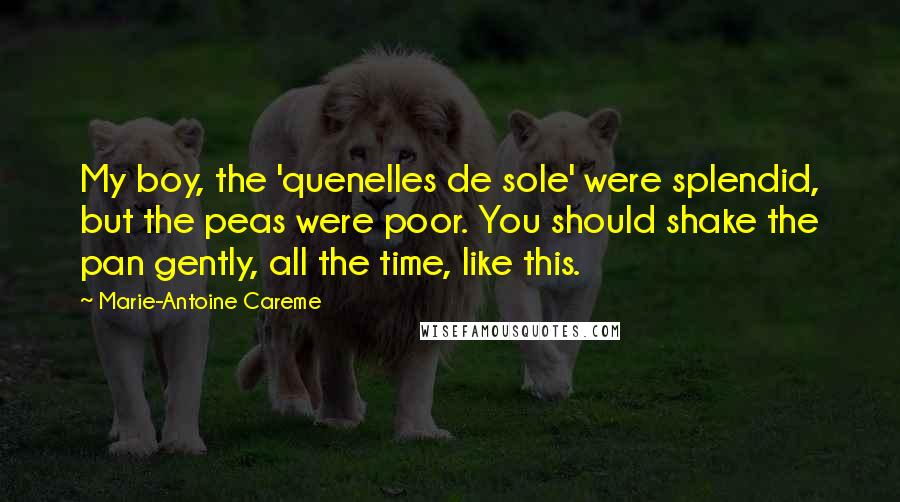 Marie-Antoine Careme Quotes: My boy, the 'quenelles de sole' were splendid, but the peas were poor. You should shake the pan gently, all the time, like this.