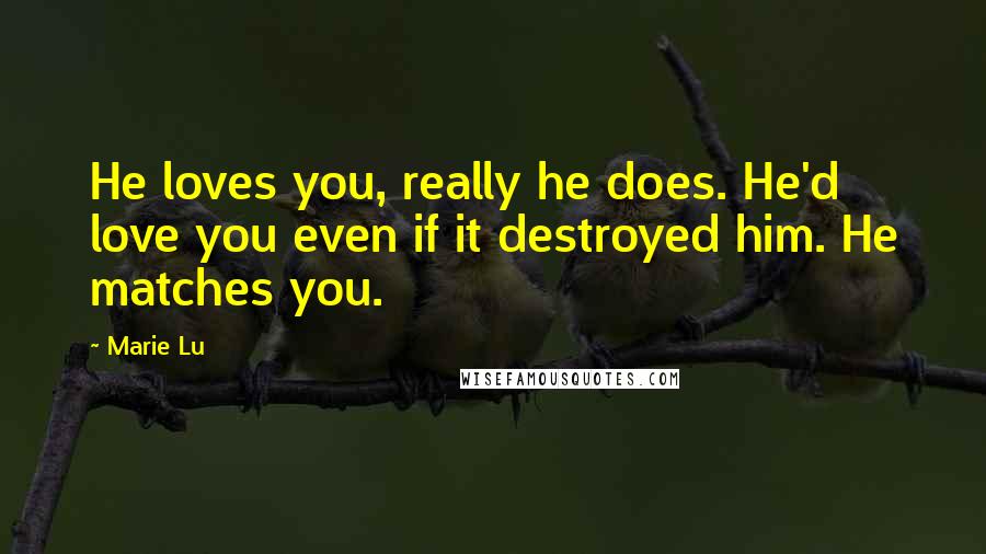 Marie Lu Quotes: He loves you, really he does. He'd love you even if it destroyed him. He matches you.