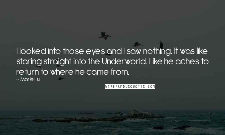 Marie Lu Quotes: I looked into those eyes and I saw nothing. It was like staring straight into the Underworld. Like he aches to return to where he came from.