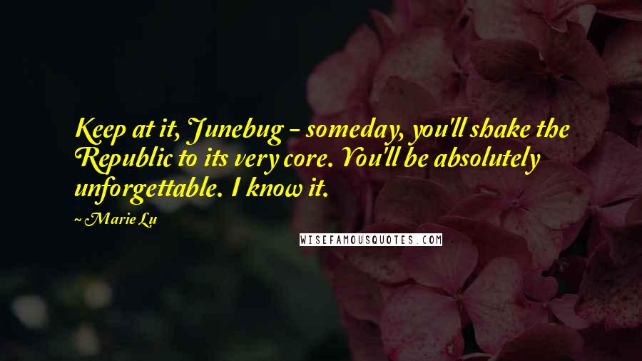 Marie Lu Quotes: Keep at it, Junebug - someday, you'll shake the Republic to its very core. You'll be absolutely unforgettable. I know it.