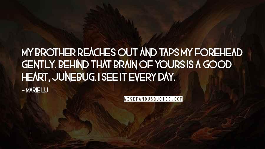 Marie Lu Quotes: My brother reaches out and taps my forehead gently. Behind that brain of yours is a good heart, Junebug. I see it every day.