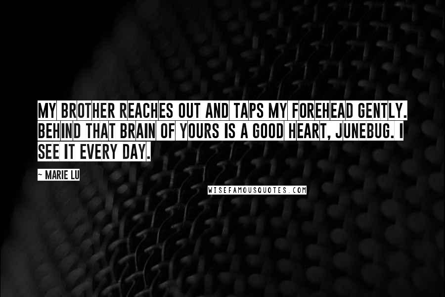 Marie Lu Quotes: My brother reaches out and taps my forehead gently. Behind that brain of yours is a good heart, Junebug. I see it every day.