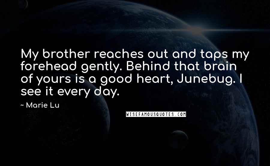 Marie Lu Quotes: My brother reaches out and taps my forehead gently. Behind that brain of yours is a good heart, Junebug. I see it every day.