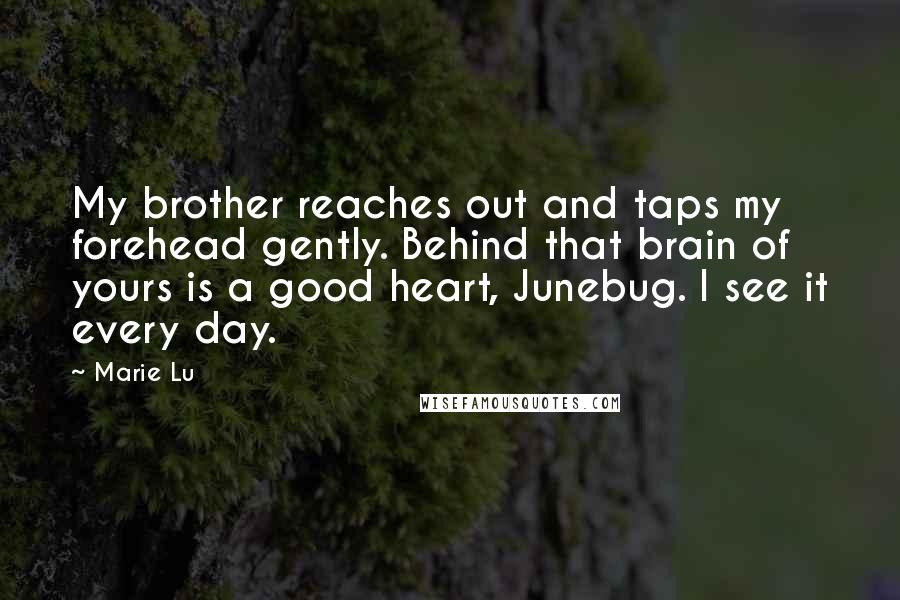 Marie Lu Quotes: My brother reaches out and taps my forehead gently. Behind that brain of yours is a good heart, Junebug. I see it every day.
