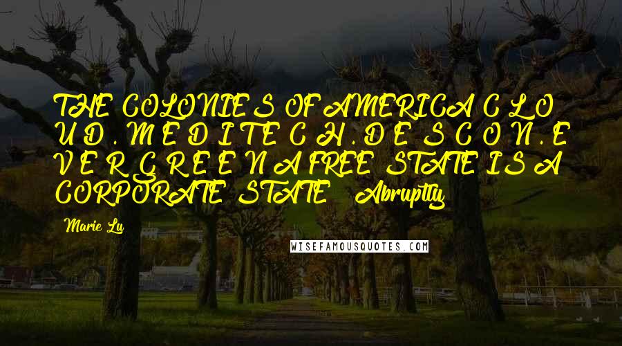 Marie Lu Quotes: THE COLONIES OF AMERICA C L O U D . M E D I T E C H . D E S C O N . E V E R G R E E N A FREE STATE IS A CORPORATE STATE Abruptly