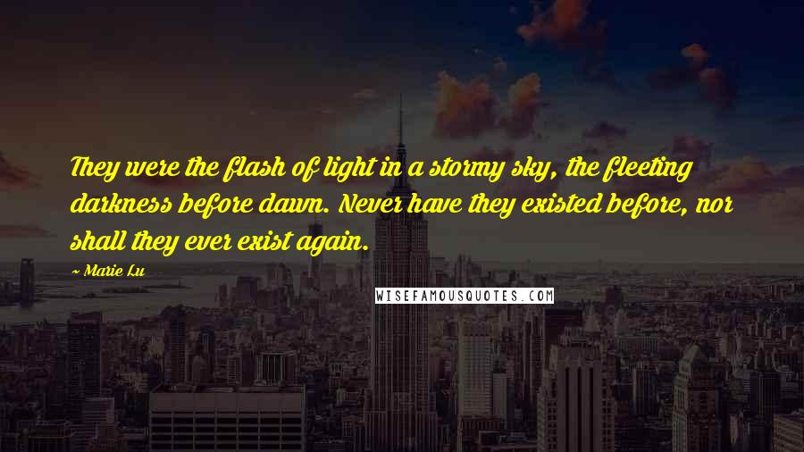 Marie Lu Quotes: They were the flash of light in a stormy sky, the fleeting darkness before dawn. Never have they existed before, nor shall they ever exist again.