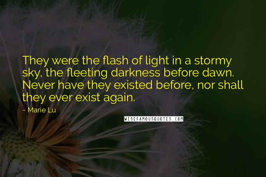 Marie Lu Quotes: They were the flash of light in a stormy sky, the fleeting darkness before dawn. Never have they existed before, nor shall they ever exist again.