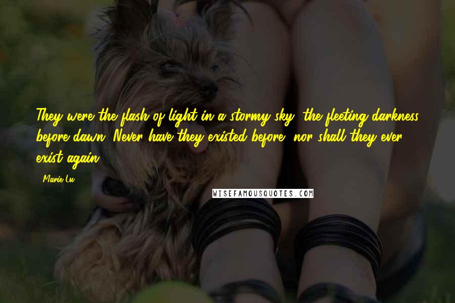 Marie Lu Quotes: They were the flash of light in a stormy sky, the fleeting darkness before dawn. Never have they existed before, nor shall they ever exist again.