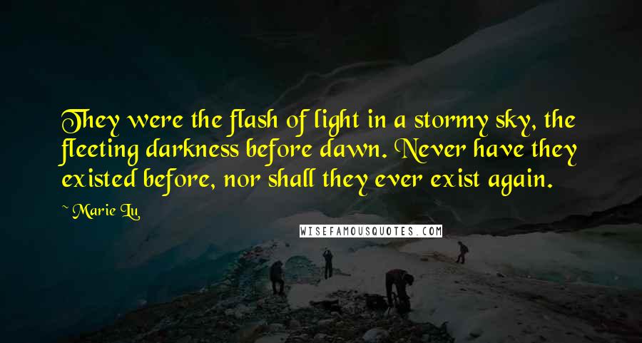 Marie Lu Quotes: They were the flash of light in a stormy sky, the fleeting darkness before dawn. Never have they existed before, nor shall they ever exist again.