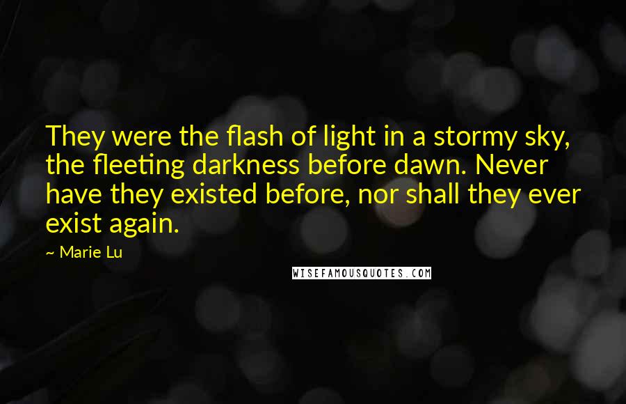 Marie Lu Quotes: They were the flash of light in a stormy sky, the fleeting darkness before dawn. Never have they existed before, nor shall they ever exist again.