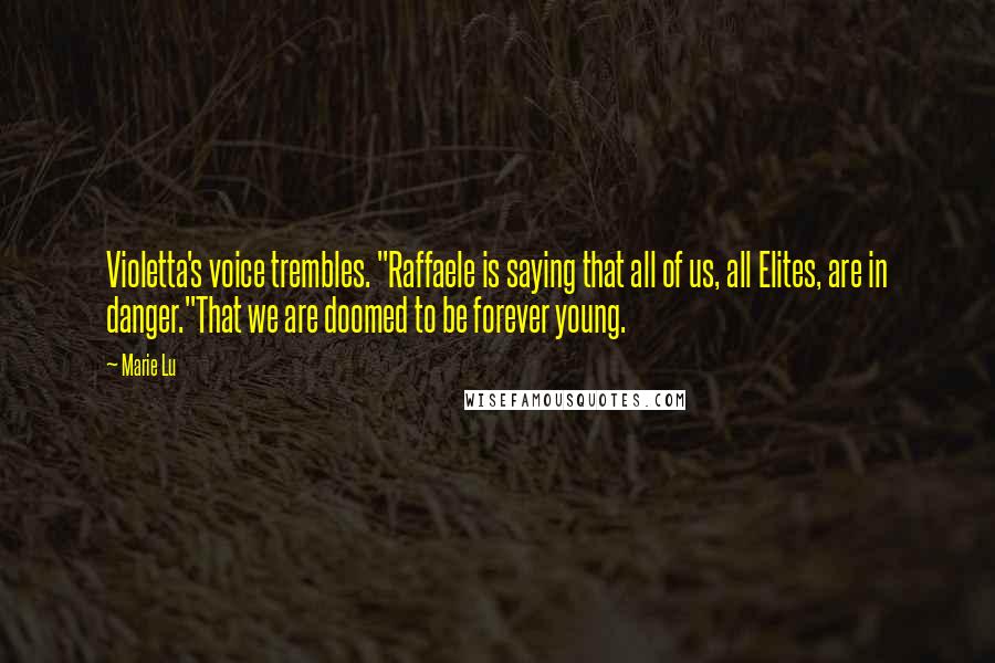 Marie Lu Quotes: Violetta's voice trembles. "Raffaele is saying that all of us, all Elites, are in danger."That we are doomed to be forever young.