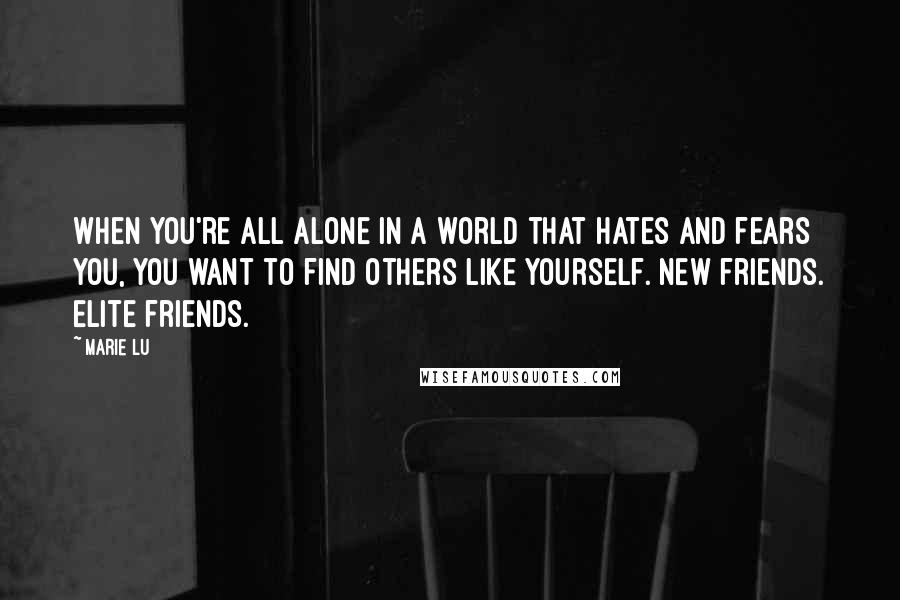 Marie Lu Quotes: When you're all alone in a world that hates and fears you, you want to find others like yourself. New friends. Elite friends.