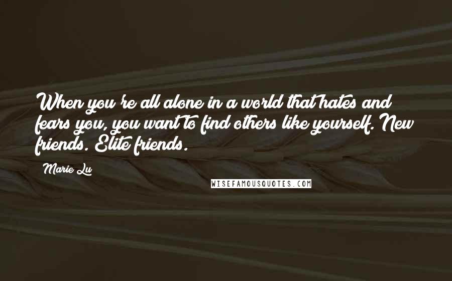 Marie Lu Quotes: When you're all alone in a world that hates and fears you, you want to find others like yourself. New friends. Elite friends.