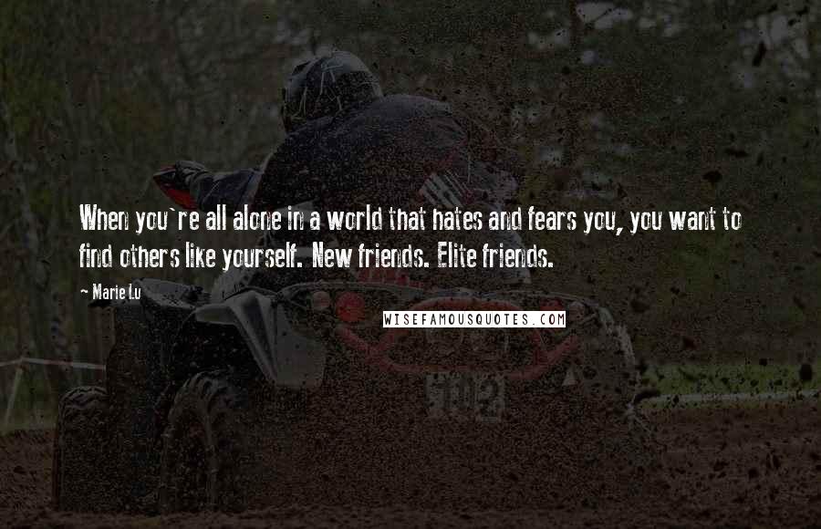 Marie Lu Quotes: When you're all alone in a world that hates and fears you, you want to find others like yourself. New friends. Elite friends.