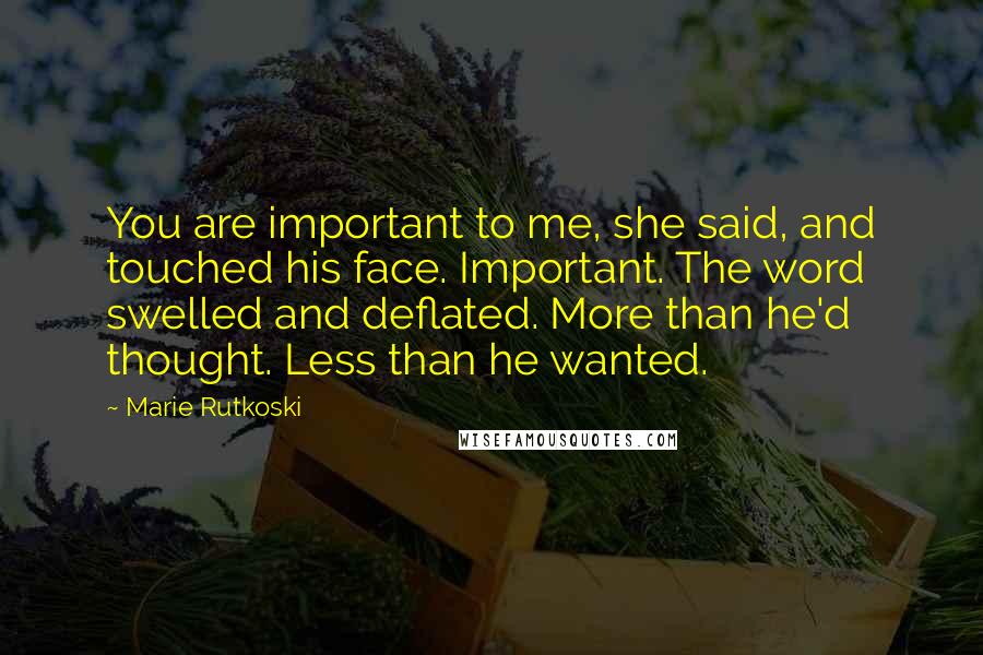 Marie Rutkoski Quotes: You are important to me, she said, and touched his face. Important. The word swelled and deflated. More than he'd thought. Less than he wanted.