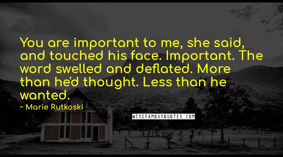 Marie Rutkoski Quotes: You are important to me, she said, and touched his face. Important. The word swelled and deflated. More than he'd thought. Less than he wanted.