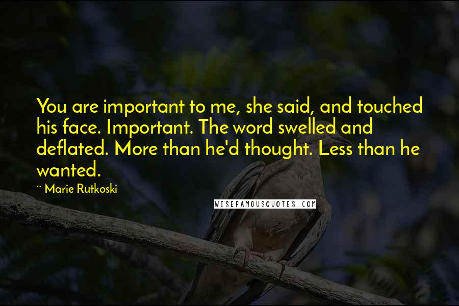 Marie Rutkoski Quotes: You are important to me, she said, and touched his face. Important. The word swelled and deflated. More than he'd thought. Less than he wanted.