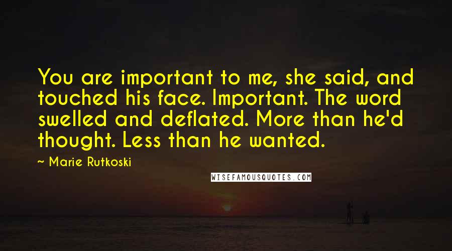 Marie Rutkoski Quotes: You are important to me, she said, and touched his face. Important. The word swelled and deflated. More than he'd thought. Less than he wanted.