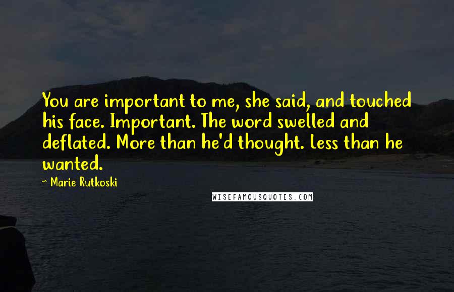 Marie Rutkoski Quotes: You are important to me, she said, and touched his face. Important. The word swelled and deflated. More than he'd thought. Less than he wanted.