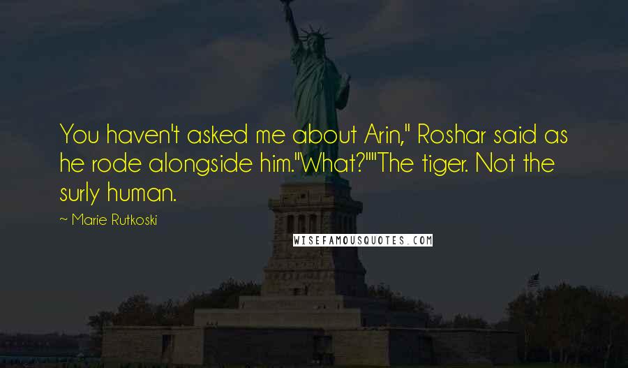 Marie Rutkoski Quotes: You haven't asked me about Arin," Roshar said as he rode alongside him."What?""The tiger. Not the surly human.