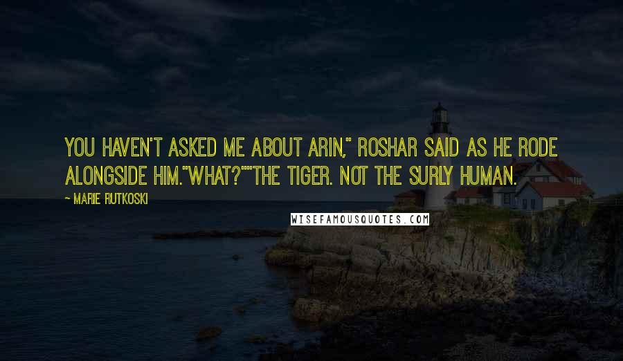 Marie Rutkoski Quotes: You haven't asked me about Arin," Roshar said as he rode alongside him."What?""The tiger. Not the surly human.