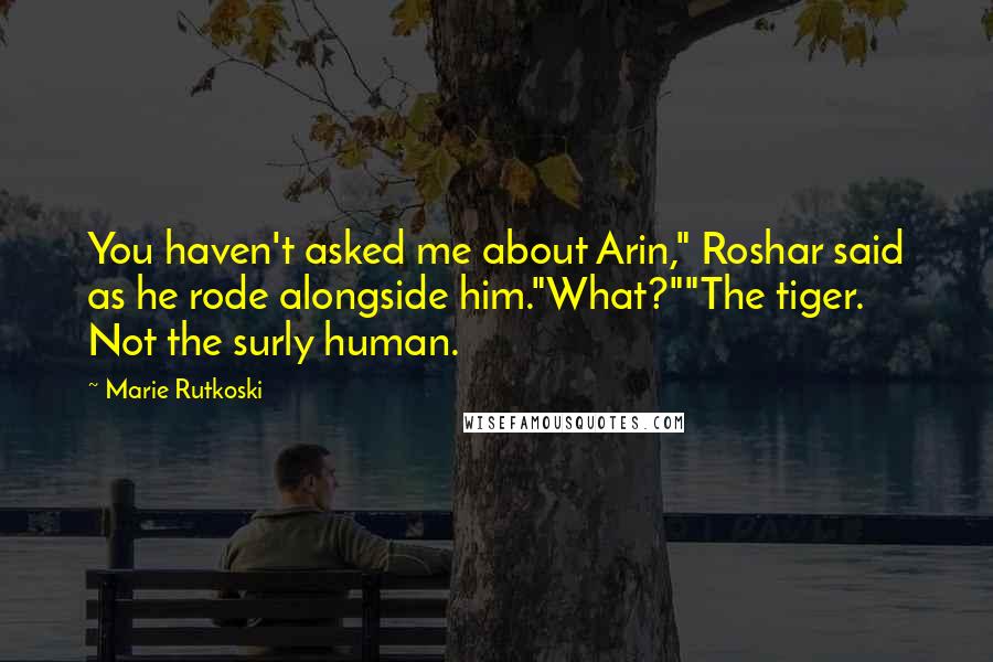Marie Rutkoski Quotes: You haven't asked me about Arin," Roshar said as he rode alongside him."What?""The tiger. Not the surly human.