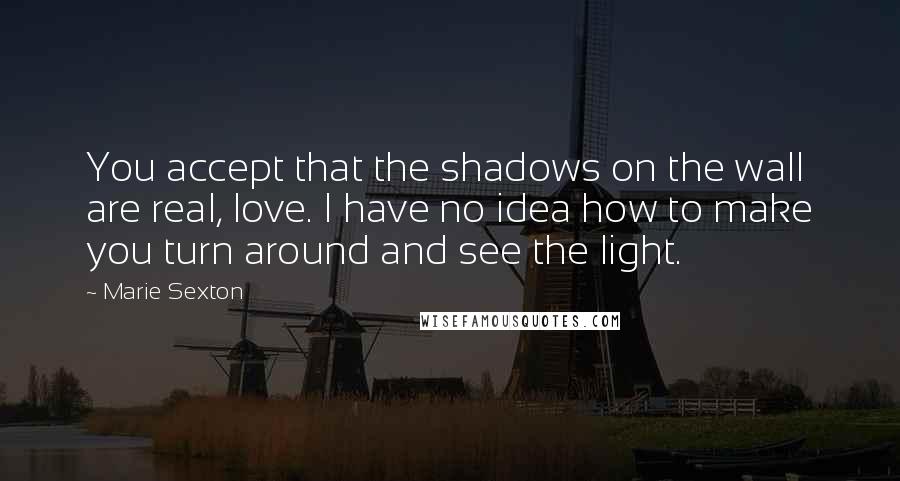 Marie Sexton Quotes: You accept that the shadows on the wall are real, love. I have no idea how to make you turn around and see the light.